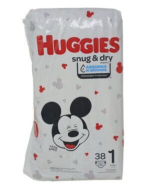 Huggies Snug & Dry Size 1 Diapers 37 Total Mickey Mouse Print Open Doll Play #D8
